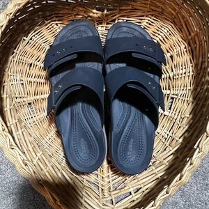 Crocs- black Brooklyn Sandals with low wedge and tan heel